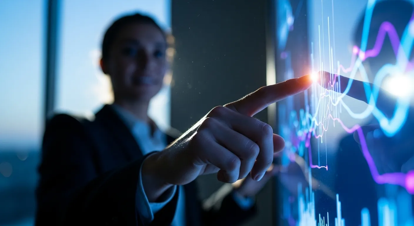 Close-up of a person's hand gesturing towards a screen with abstract data charts during a presentation at twilight.