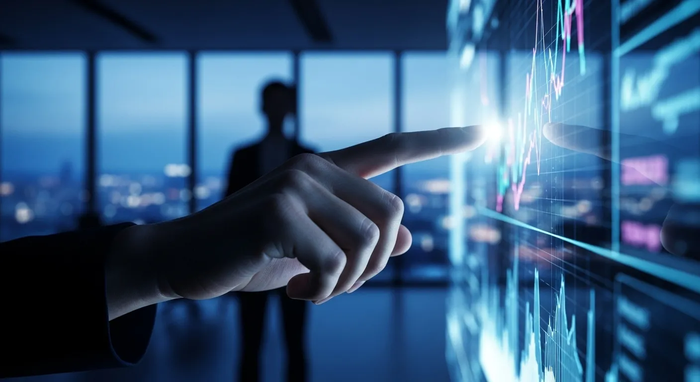 Close-up of a hand pointing to a chart on a screen, with a blurred modern office at dusk in the background.