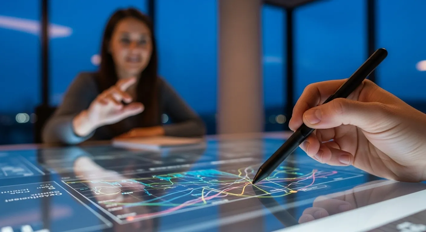 A close-up of a stylus on a screen, with the blurred silhouette of a person presenting in a dimly lit office in the background.