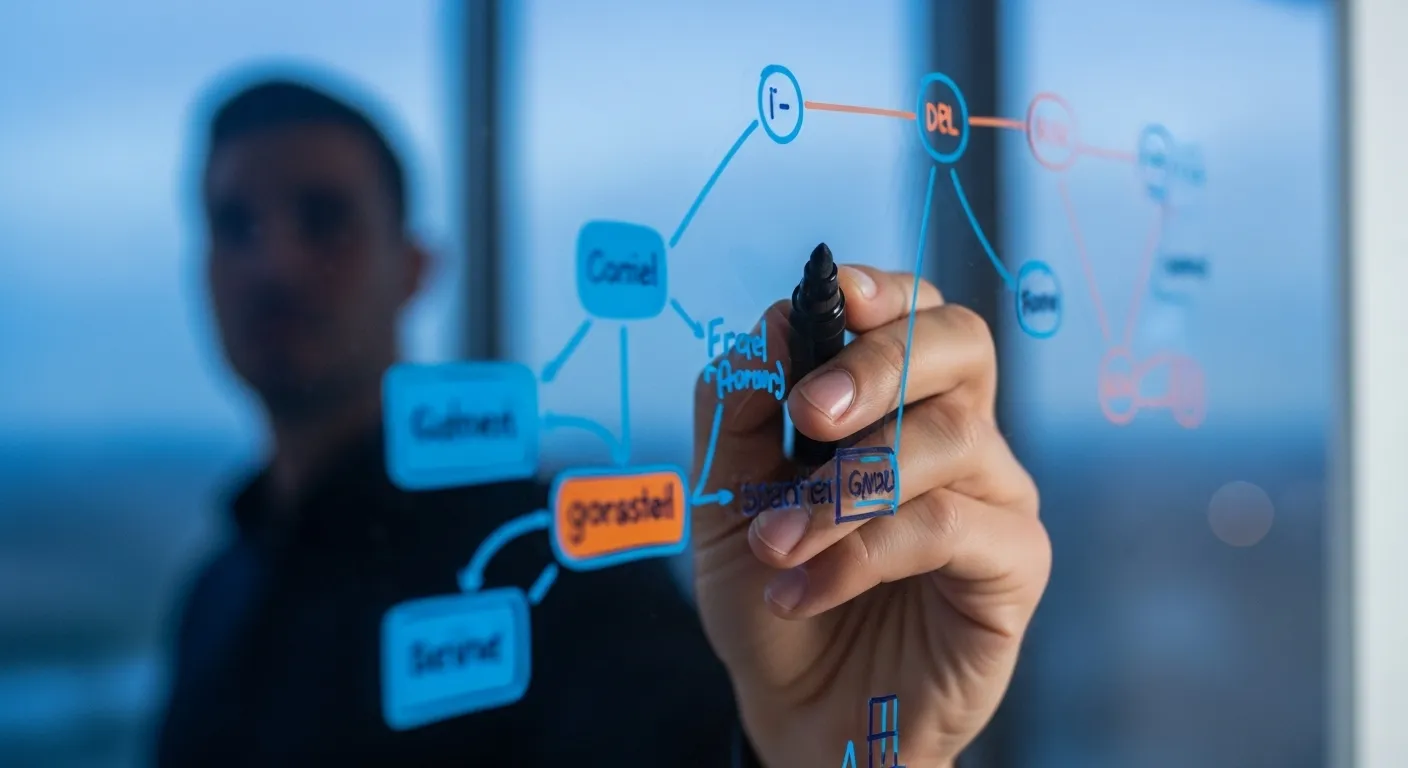 A close-up of a hand with a marker pointing to a diagram on a glass whiteboard during twilight in a corporate setting.