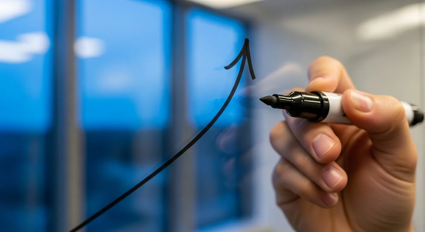 A close-up of a hand holding a marker and drawing an upward-trending arrow on a reflective glass whiteboard during dusk.