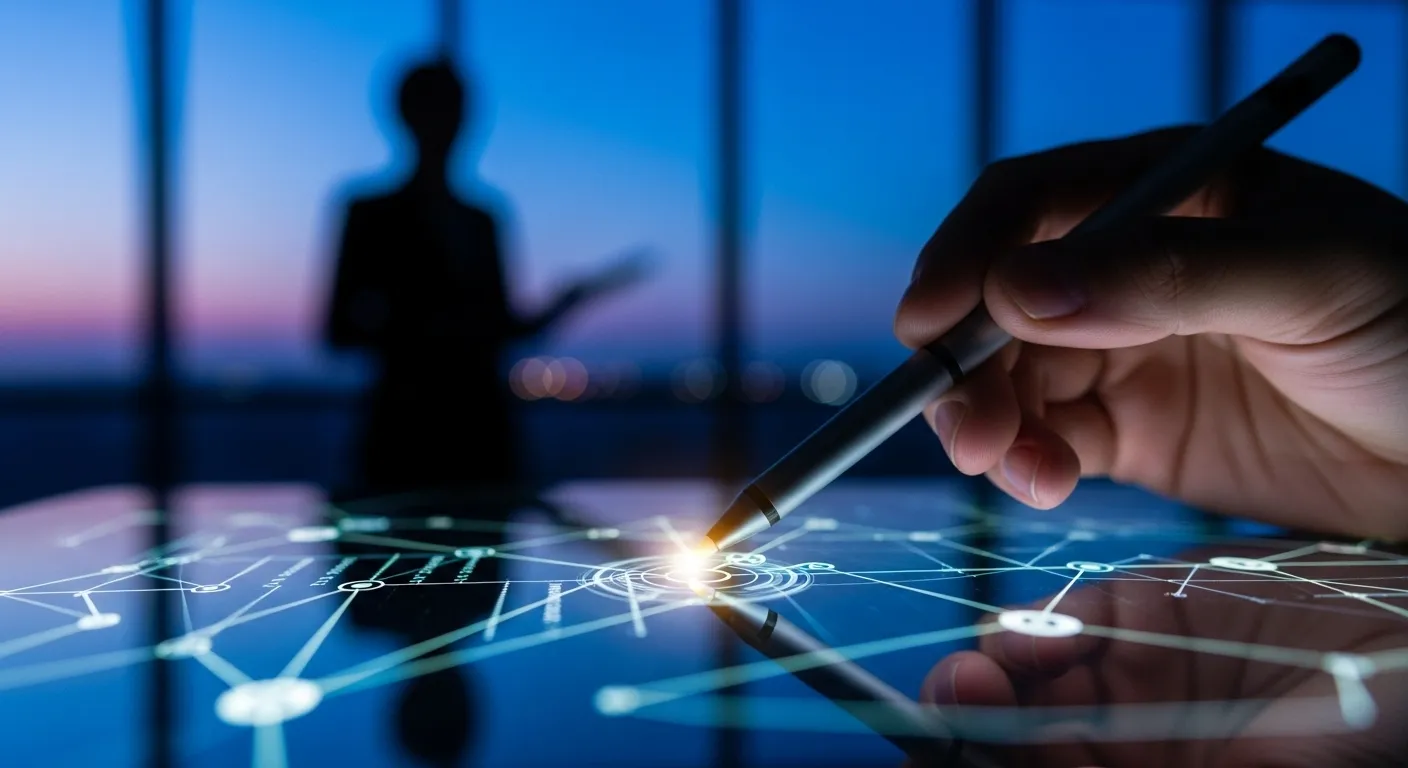 Close-up on a hand holding a stylus to an interactive data screen in a modern office during twilight.