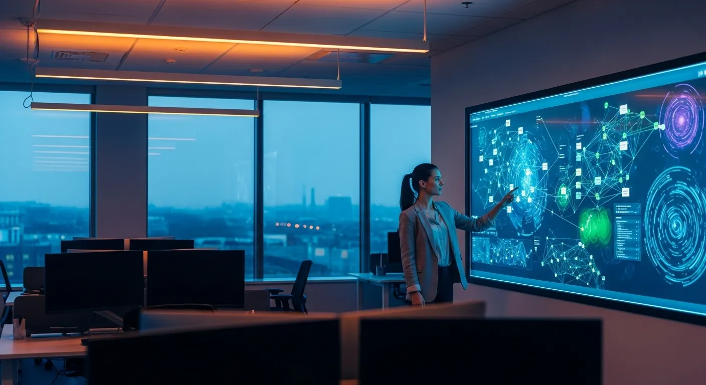 A woman presents in a spacious, modern office during twilight, with a large illuminated screen beside her.