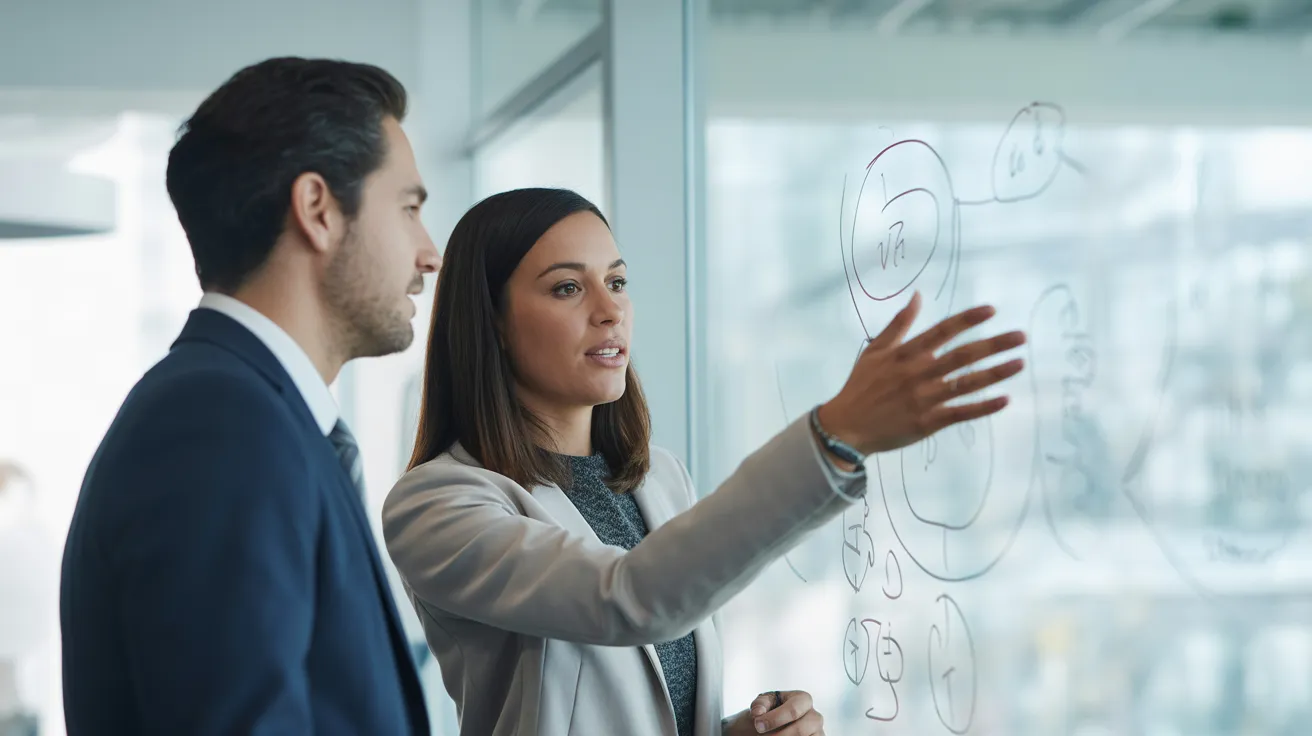 Two colleagues in a contemporary office stand by a glass whiteboard filled with diagrams, engaged in a collaborative discussion about a project.