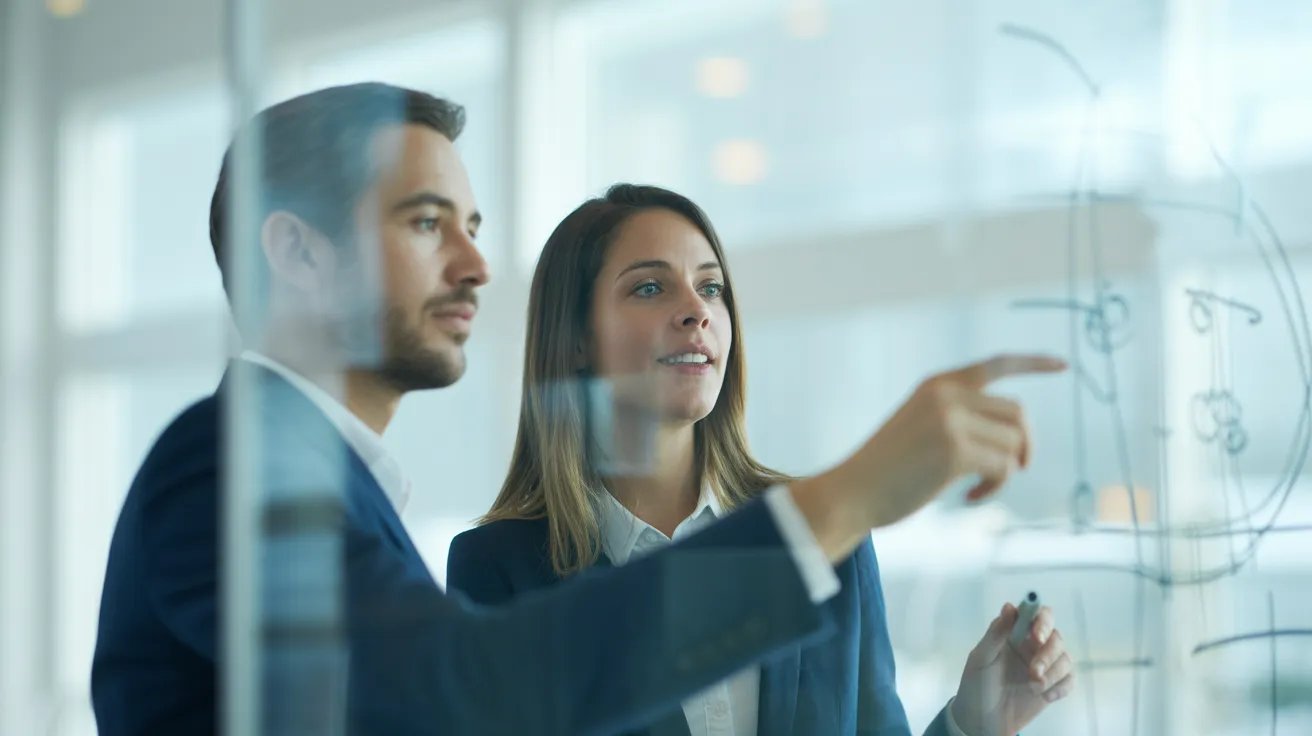 Two diverse professionals in a modern office with overcast window light, discussing an abstract diagram on a glass whiteboard.