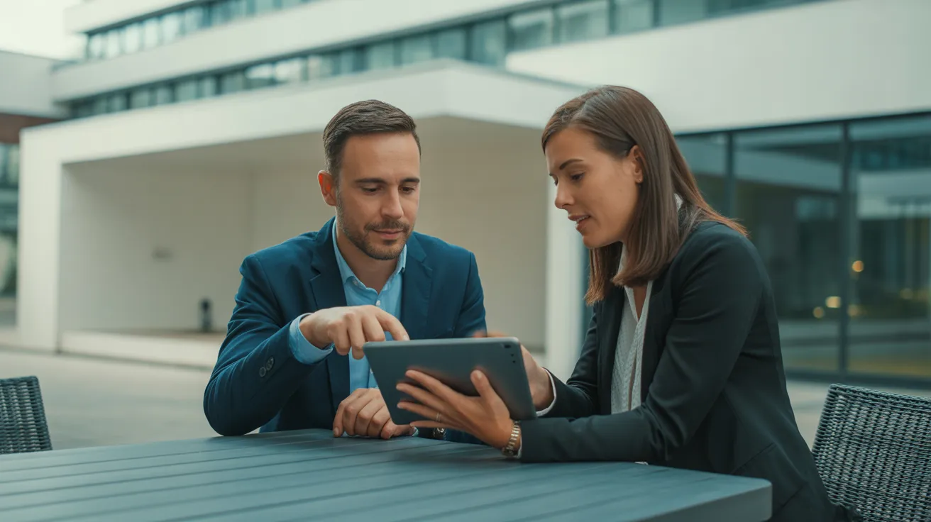 A man and a woman in business casual attire sit at an outdoor table, looking intently at a tablet screen together.
