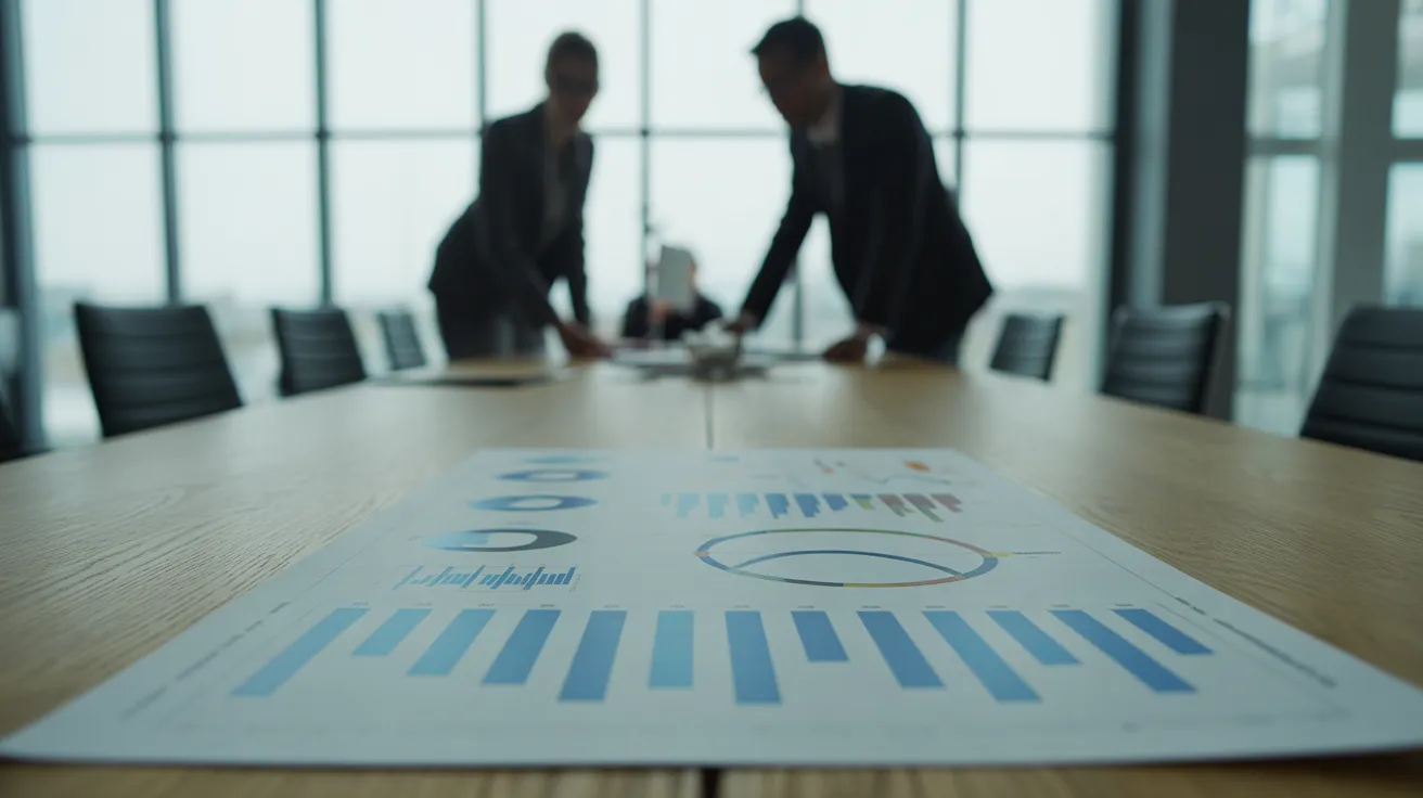 A business chart with abstract graphs is in focus on a conference table, with two collaborating colleagues blurred in the background.