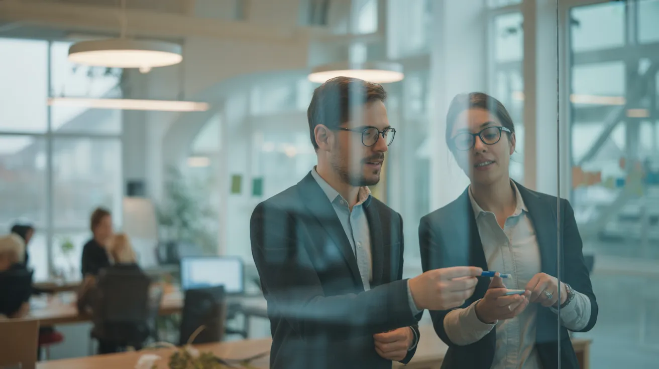 Two colleagues stand and discuss abstract diagrams on a glass whiteboard in a spacious, contemporary office with overcast lighting.