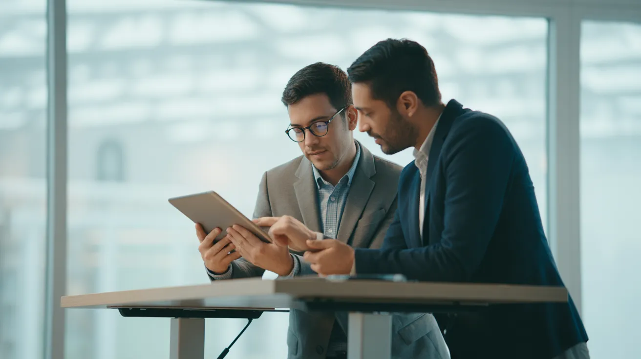 A man and a woman in business casual attire discuss work while looking at a tablet in a modern office with large windows and soft light.