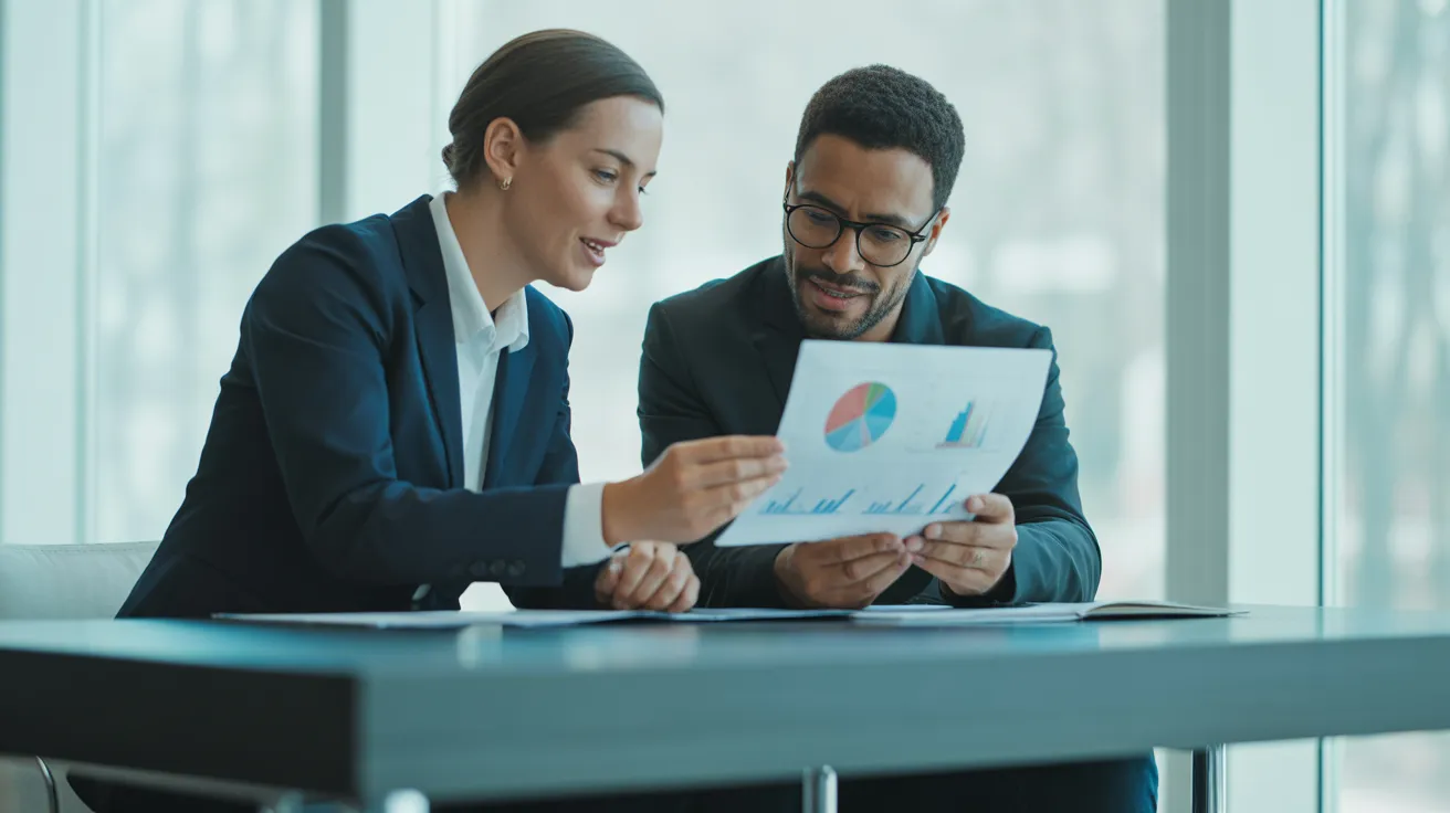 Two colleagues in a modern office with overcast lighting, seriously discussing a large data chart spread on the table between them.