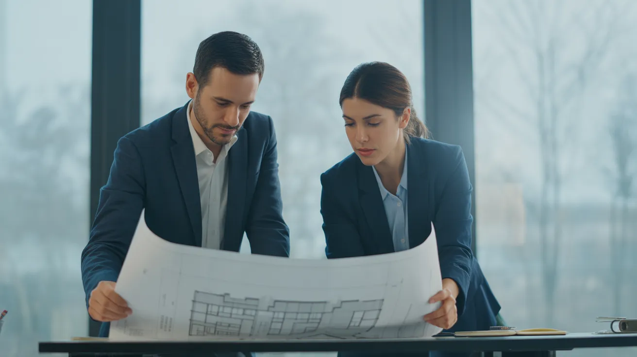 Two colleagues intently discuss a large architectural plan laid out on a table in a bright, modern office with soft natural light.