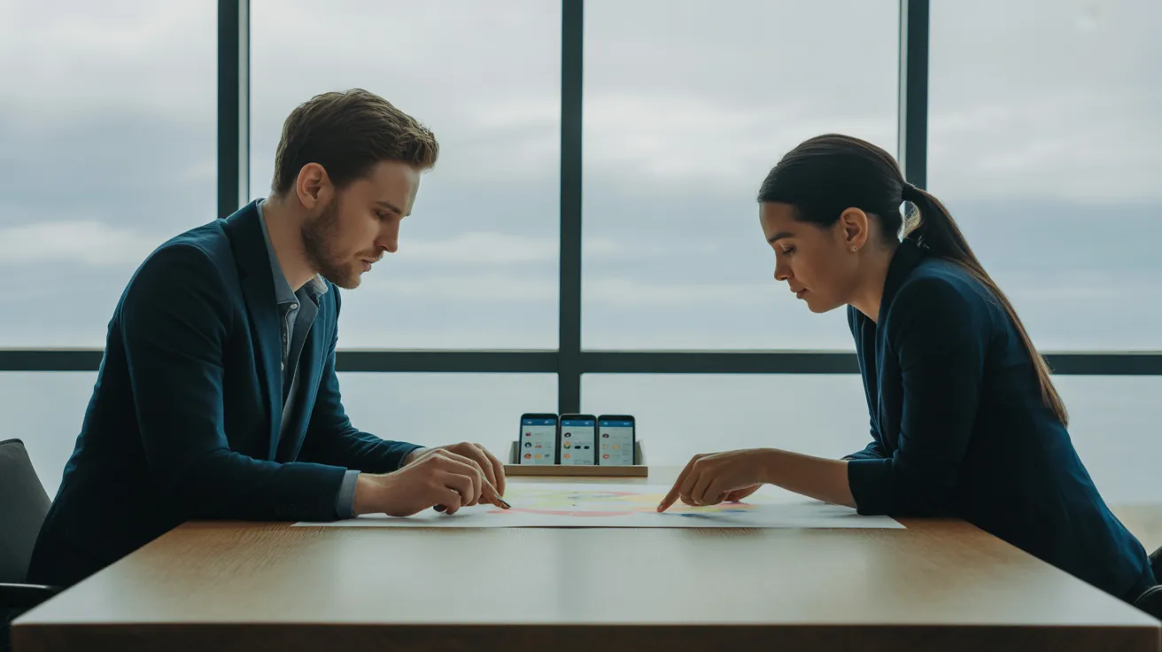 A man and a woman discuss a large mind-map on a desk, with their phones put away face-down in a tray to promote focus.