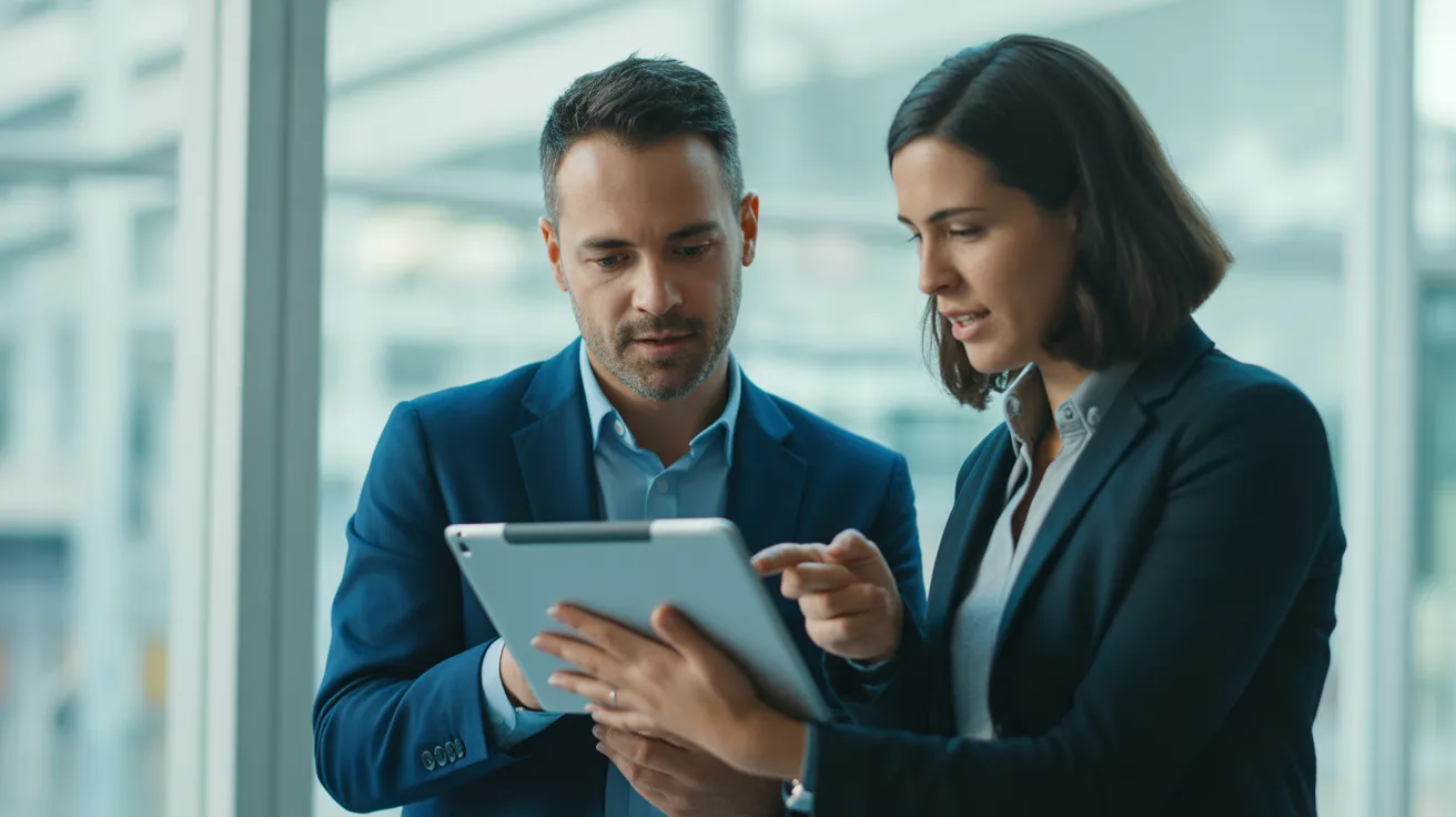 Two colleagues in a contemporary workspace actively discuss a project on a digital tablet.
