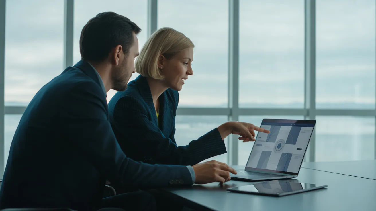 Two colleagues in a modern office collaborating over a laptop with a blurred screen, lit by soft, overcast window light.