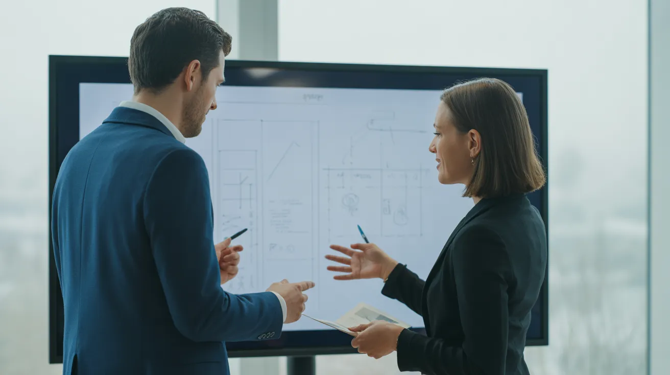 Two colleagues stand beside a large touch screen in a modern office, discussing a project displayed with blurred text and graphics.