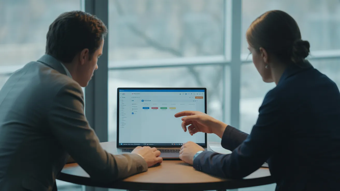 Two colleagues in a modern office discuss a project on a laptop, which displays a generic, blurred user interface with colored blocks.