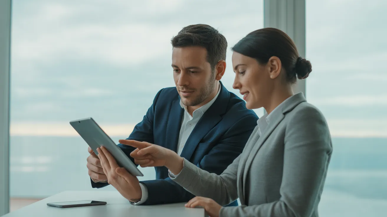 Two diverse colleagues stand at a desk in a contemporary office, deeply focused on a shared tablet during an overcast day.