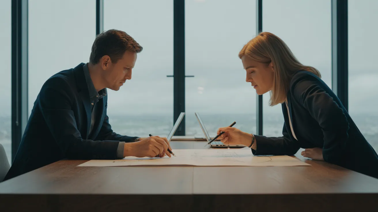 Two colleagues in a bright office discuss a large drawing on a desk. Their laptops are closed, showing their focus on the non-digital task.