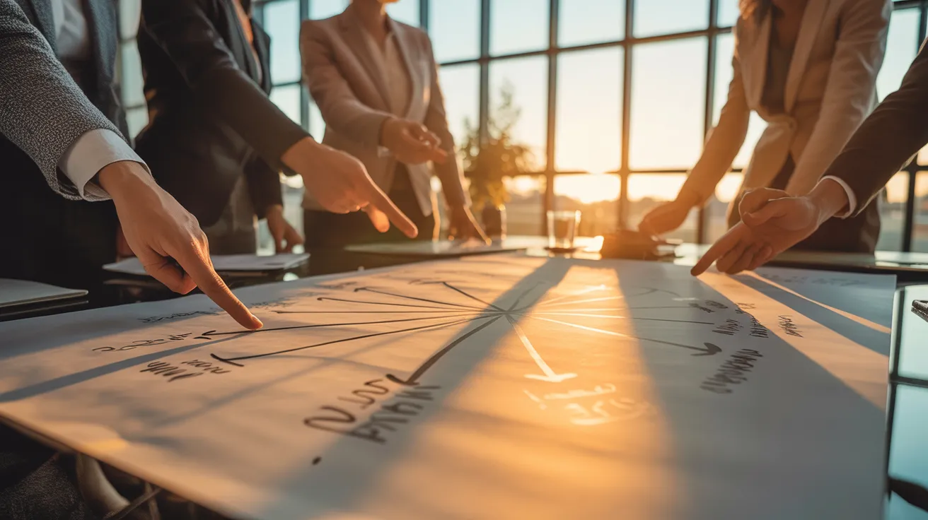 A close-up of a collaborative mind map on a meeting table, with hands pointing to different parts, illuminated by late afternoon sun.