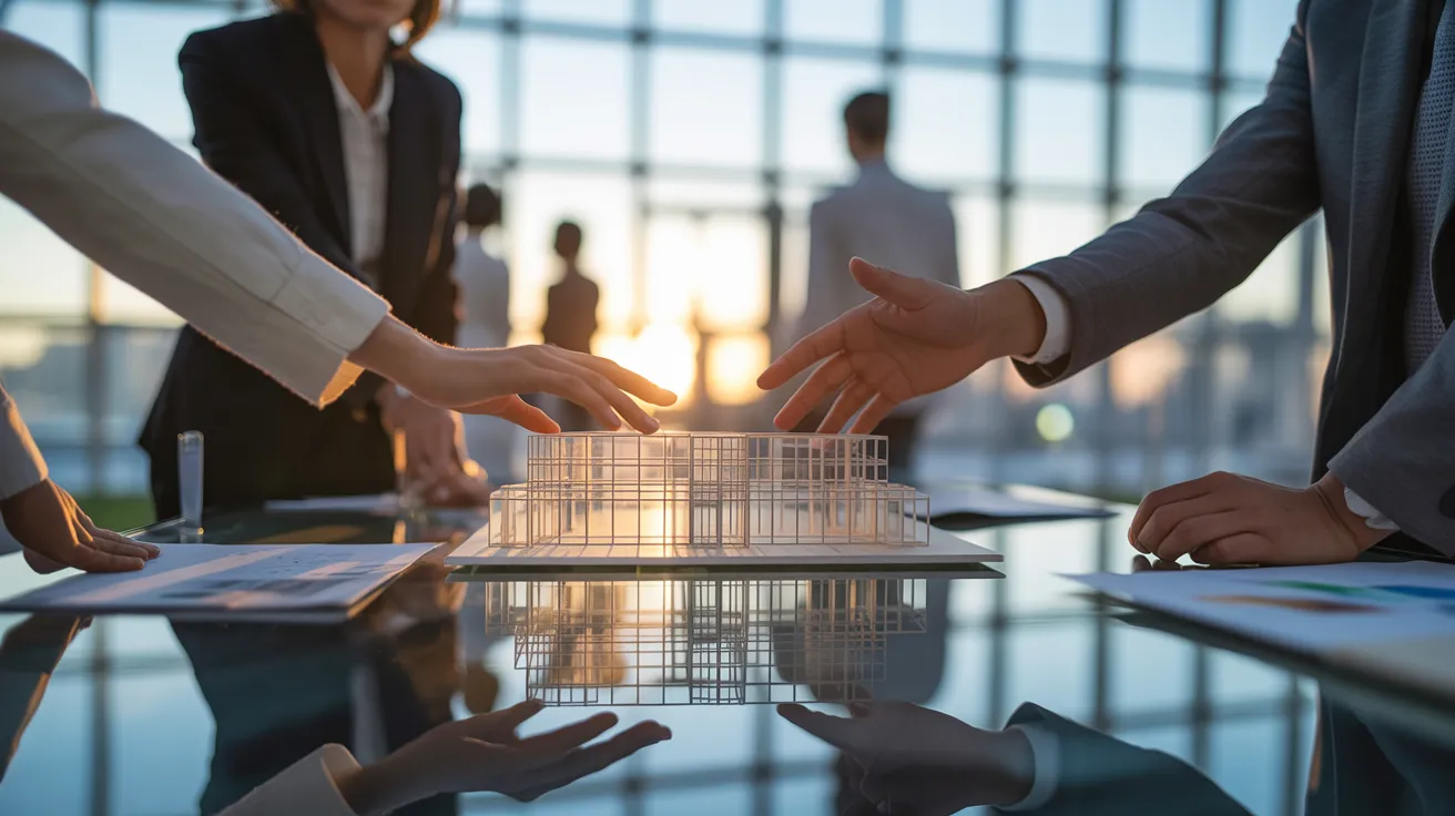 Close-up of two people's hands gesturing over a small white architectural model on a glass table during a sunset meeting.