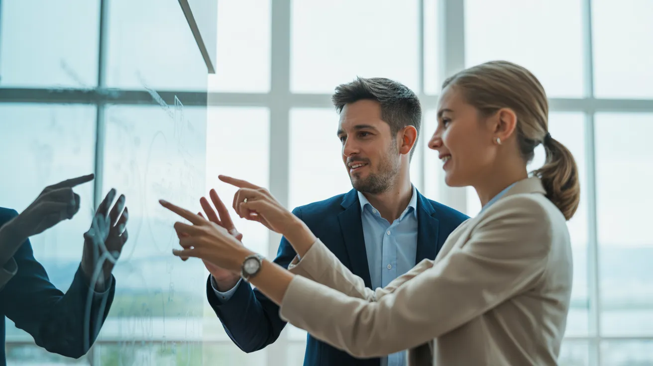Two diverse professionals in business casual attire discuss a project at a glass whiteboard in a modern, open-plan office.