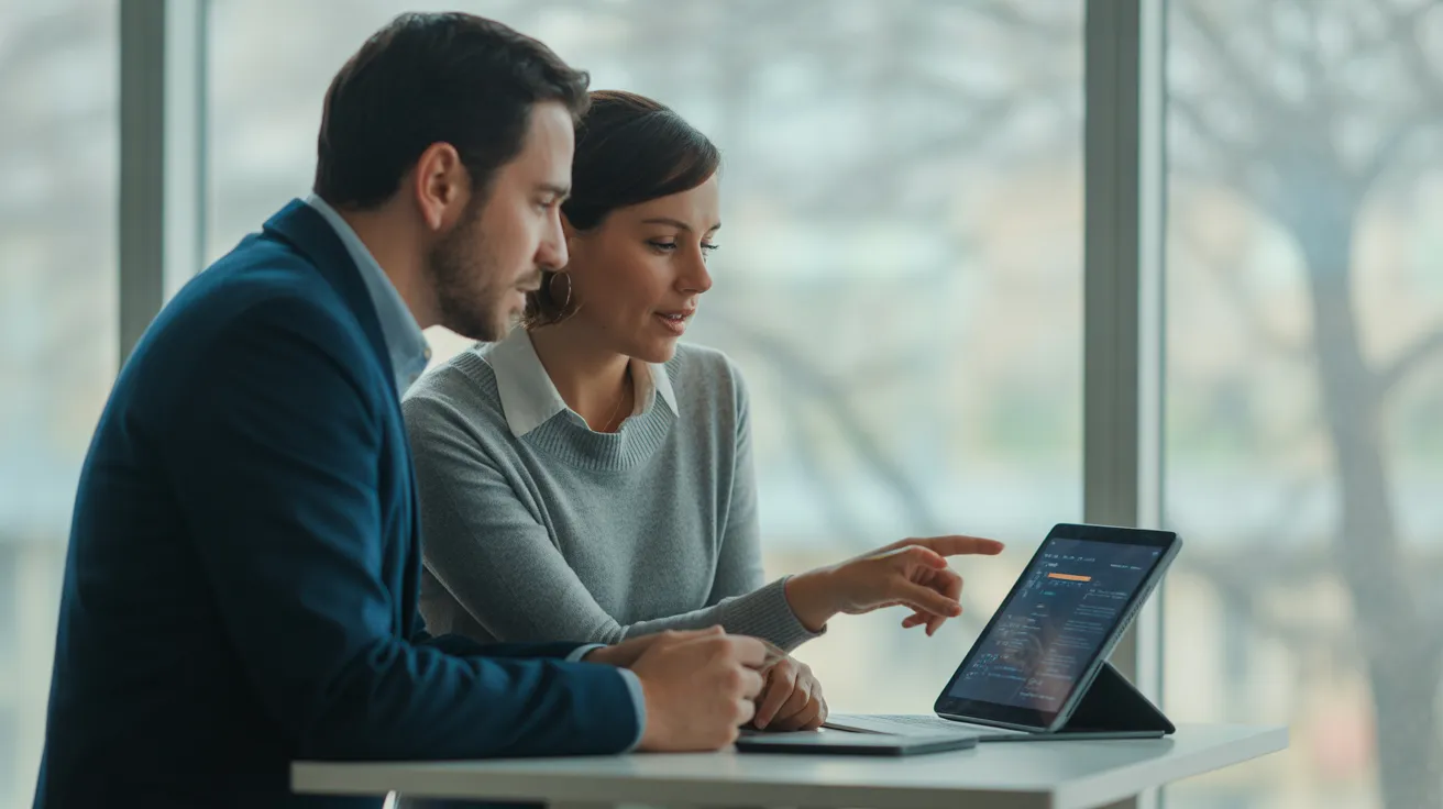 A man and a woman in business casual attire discuss a project over a tablet at a standing desk in a modern office.