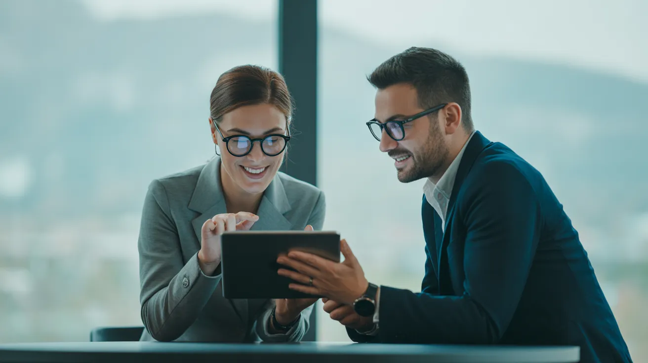 A man and a woman in business casual attire lean over a table in a modern office, focused on a tablet they are reviewing together.