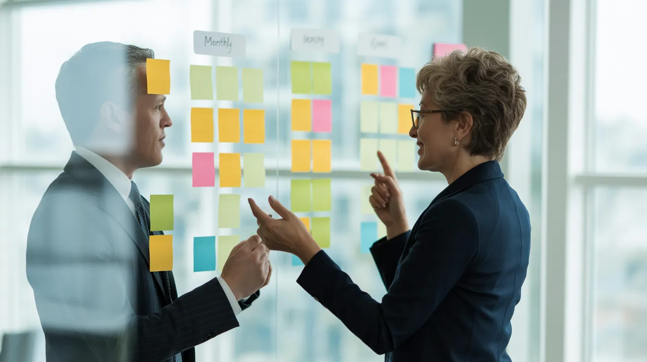 A man and woman in business casual attire collaborate on a monthly plan using a glass whiteboard in a bright, modern office.