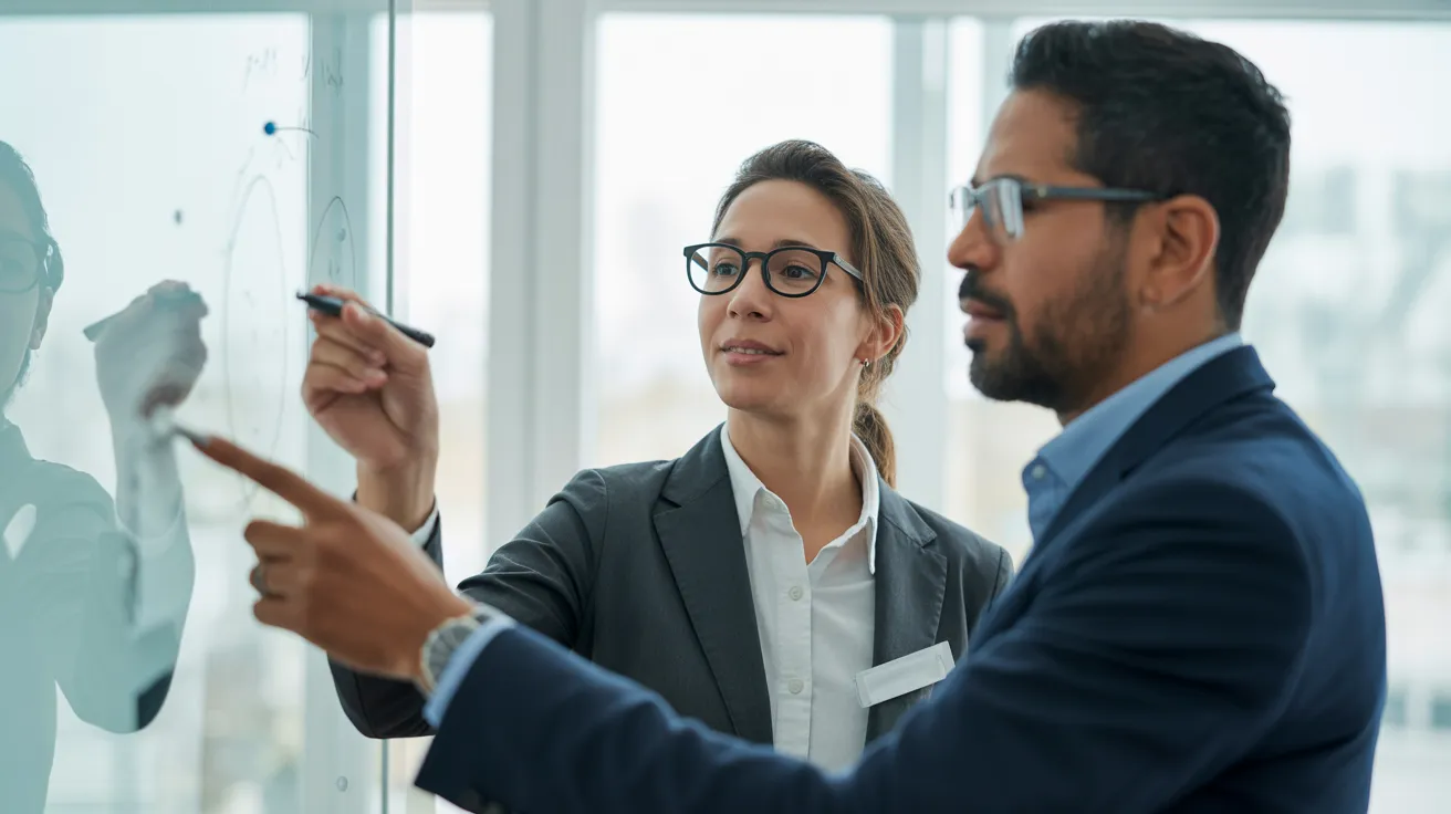 Two colleagues, a man and a woman, discuss an abstract diagram on a glass whiteboard in a modern, brightly lit office.