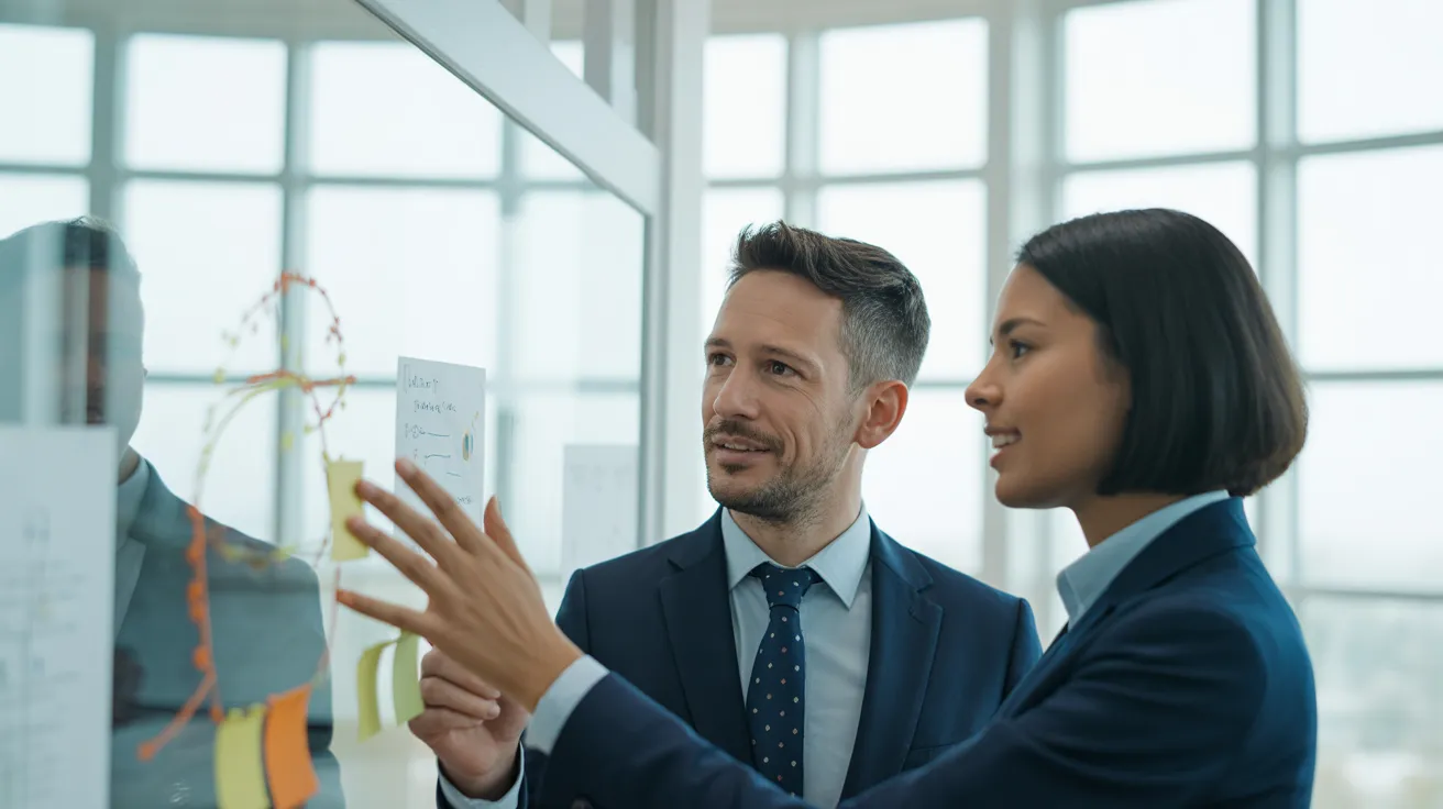 Two diverse colleagues in a contemporary office discussing diagrams on a glass whiteboard.