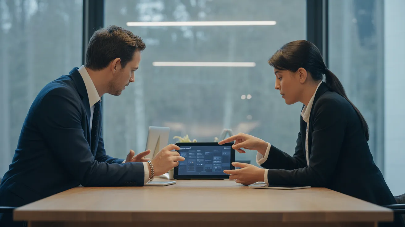 A man and a woman in business casual attire discuss a project over a tablet in a bright, contemporary co-working space with soft window light.