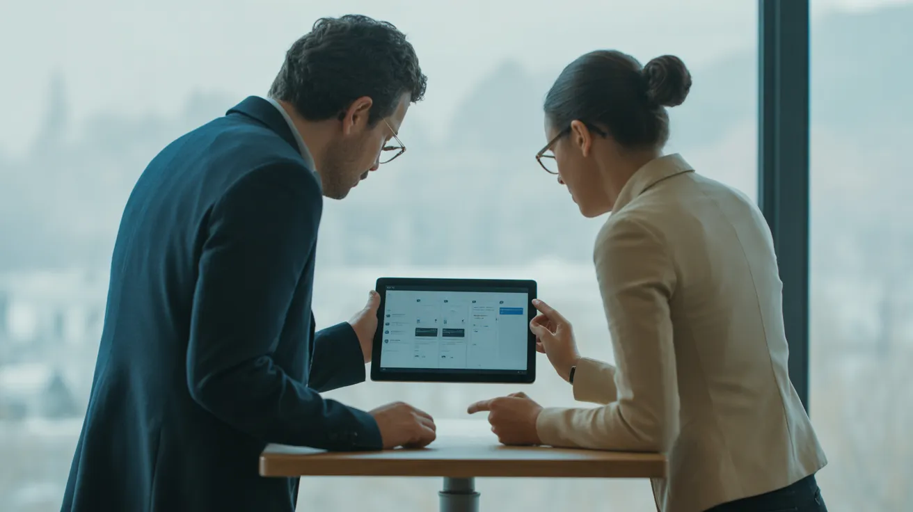 A man and a woman in business casual attire discuss a project while looking at a tablet screen in a bright, modern office with large windows.