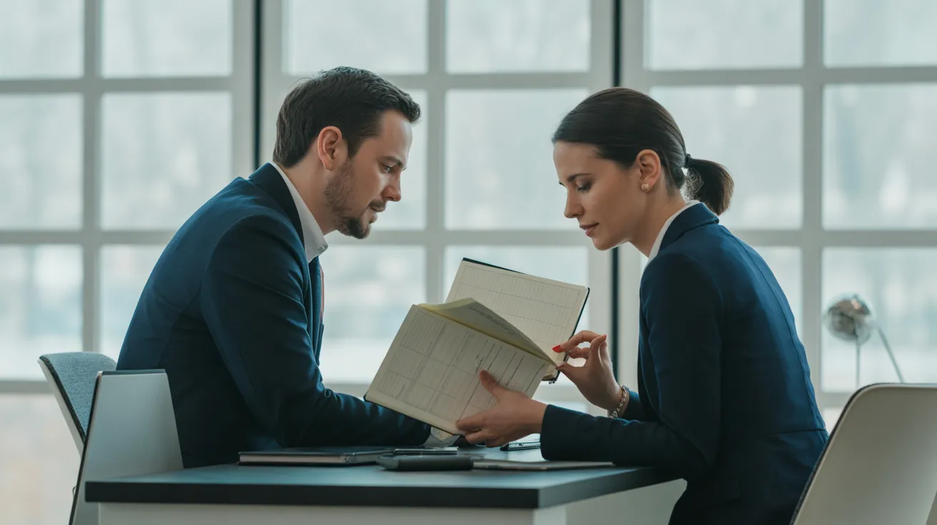 Two colleagues in a modern office with overcast lighting actively discuss a project over an open, undated notebook on their desk.