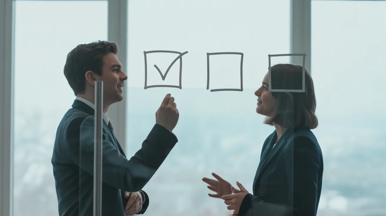 Two diverse colleagues in a modern office discuss a simple checkmark diagram on a glass whiteboard.