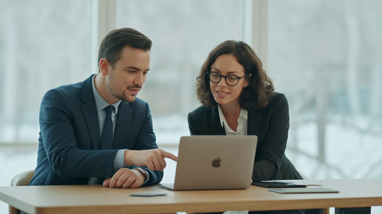 Two colleagues in a modern office discuss a project, with one person pointing to a laptop screen.
