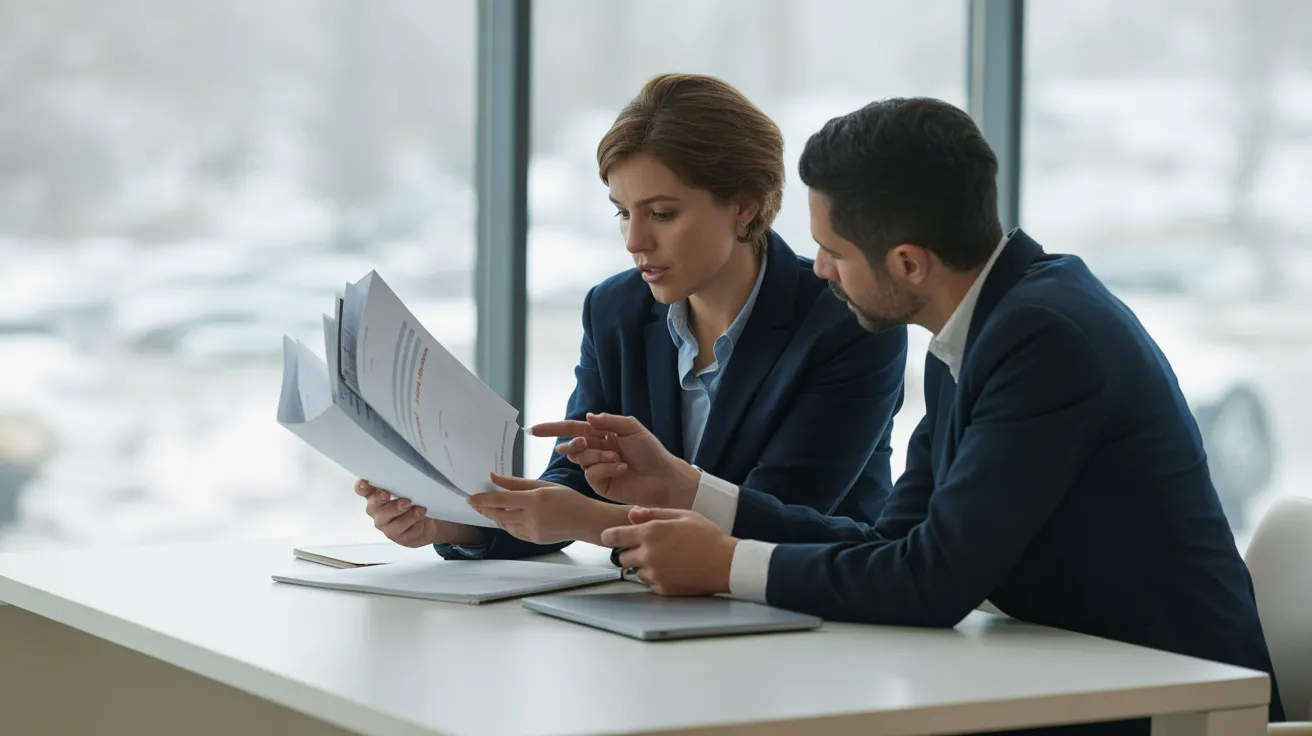 Two colleagues in a modern office with soft, overcast lighting discuss a document from a small, organized stack on their desk.