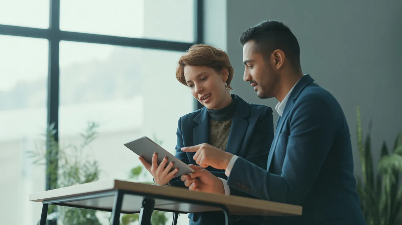 Two colleagues actively discuss a project on a tablet in a brightly lit, contemporary office with large windows and neutral decor.