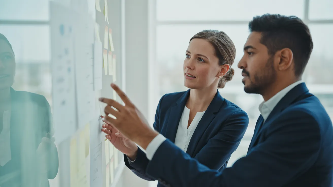 Two colleagues in a bright, modern office discuss a project at a large whiteboard with non-legible diagrams.