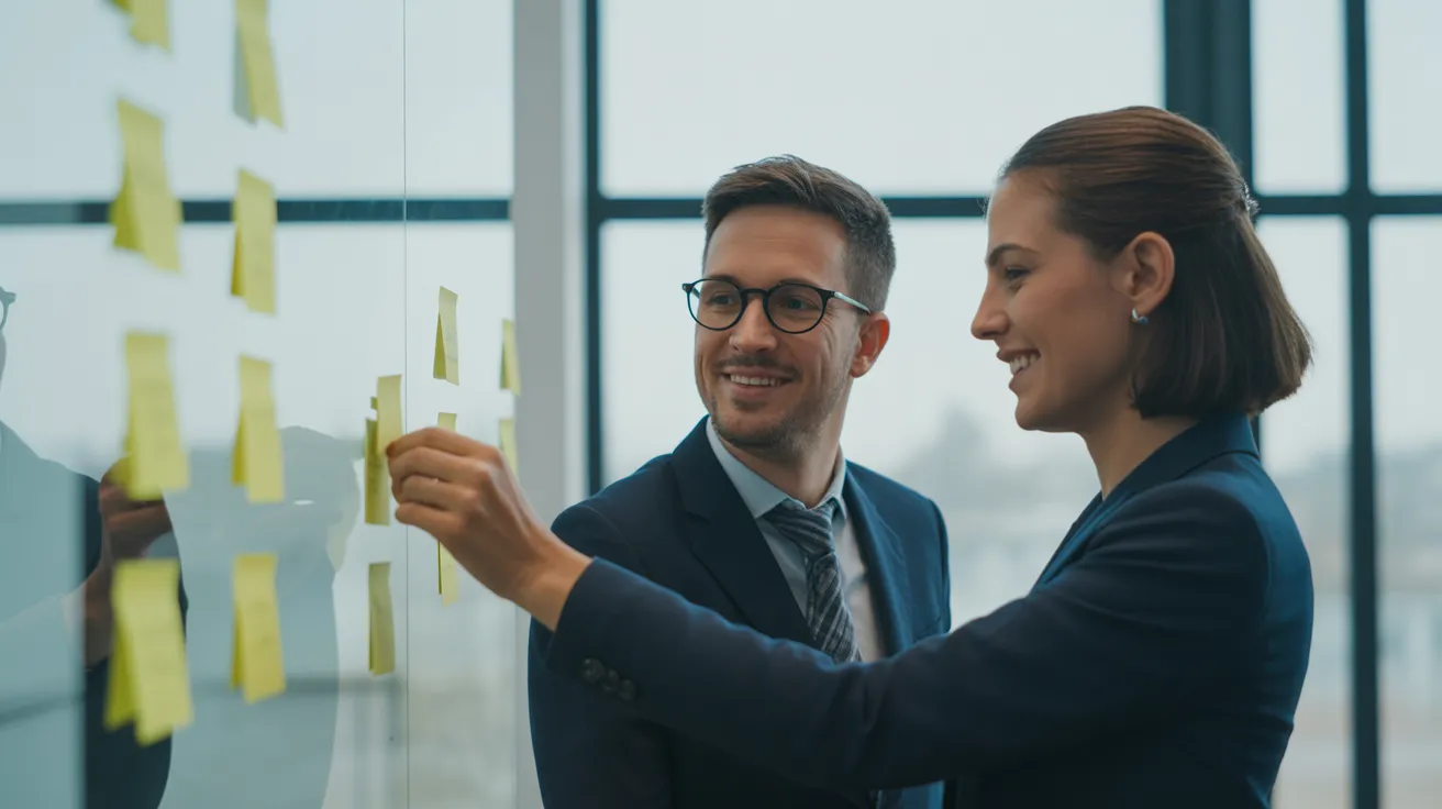 Two colleagues in a bright office stand before a blank whiteboard, having just placed the very first sticky note, symbolizing the start of a project.