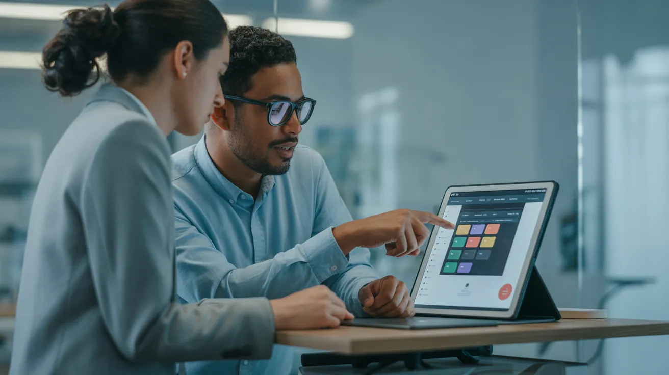 Two colleagues stand at a desk discussing a project on a tablet with a colorful, abstract user interface.