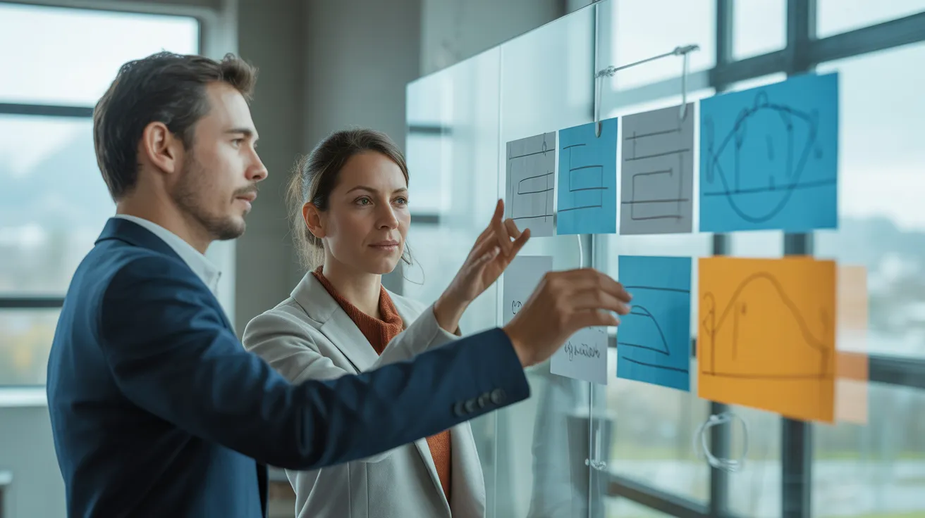 Two colleagues discuss a project plan drawn with blue, gray, and orange markers on a glass whiteboard in a modern office with natural light.