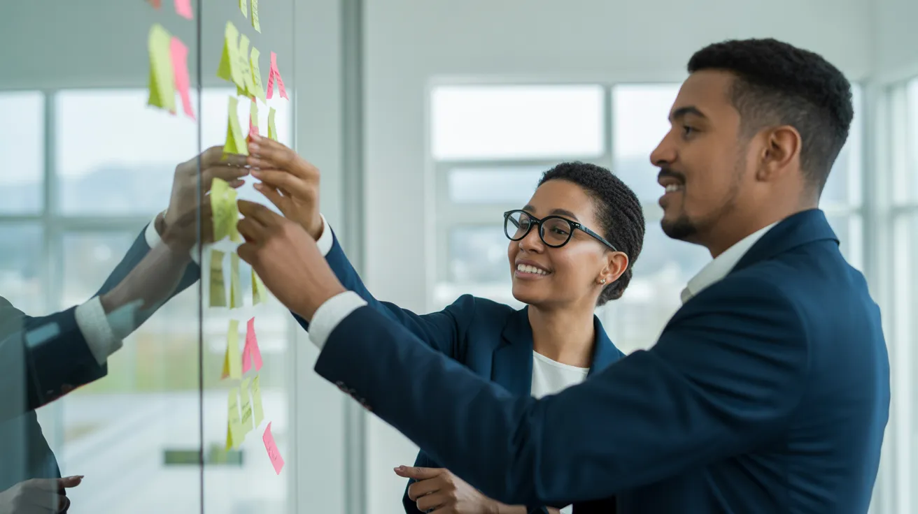 Two colleagues stand by a large glass board in a modern office, one placing a single sticky note to begin brainstorming.