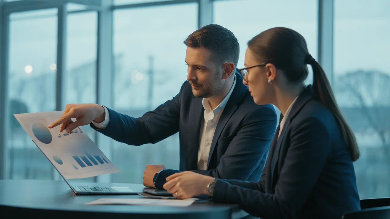Two diverse colleagues in a modern office collaborating on a project, with one person pointing to an important detail on a page.