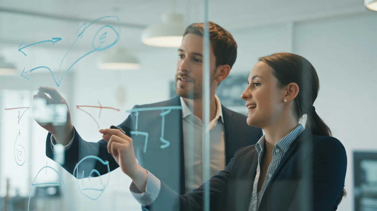 Two diverse colleagues in a modern office discuss a process map drawn on a large glass whiteboard, focusing on the steps rather than the outcome.
