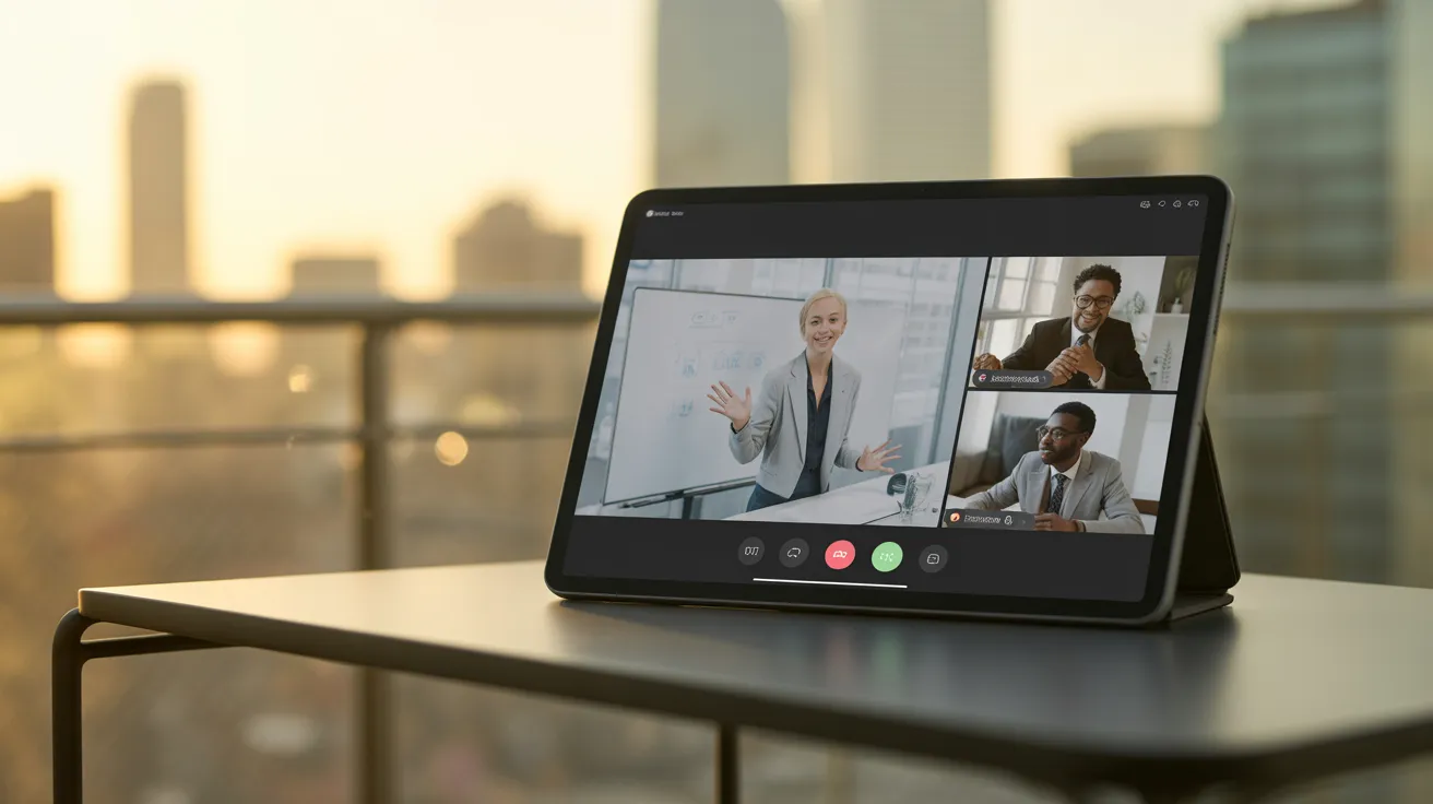 A close-up of a tablet on a balcony table at sunset, its screen showing a video conference with a diverse team in a meeting.