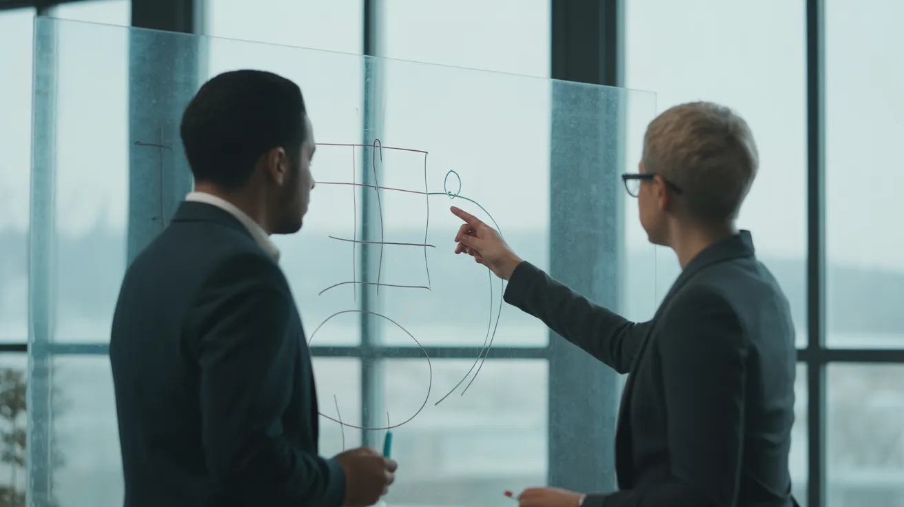 Two colleagues in a modern office discuss a simple diagram on a glass whiteboard, with one person pointing to the starting element.