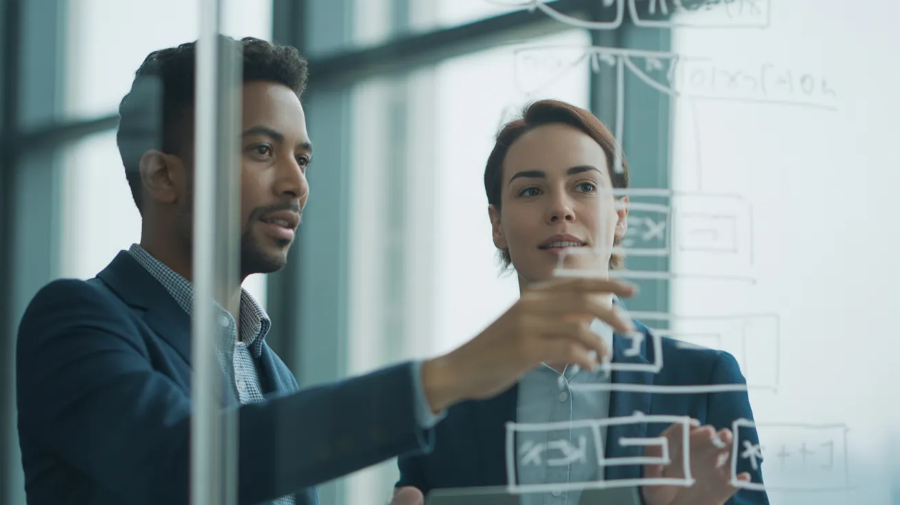 Two colleagues discuss a diagram on a glass whiteboard in a brightly lit, contemporary office space.