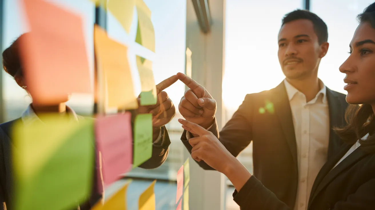 A close-up of two diverse colleagues discussing colorful notes on a whiteboard. The room is filled with the warm glow of golden hour light.