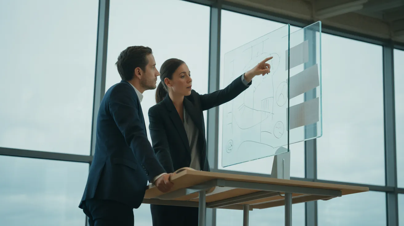 Two colleagues discuss a project while looking at a large whiteboard with abstract diagrams in a modern office with soft, natural light.