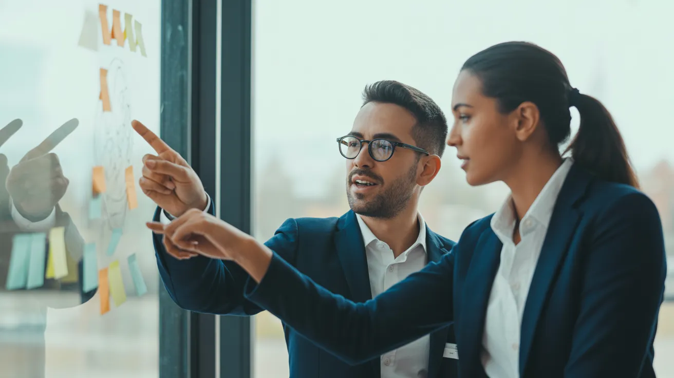 A man and a woman stand at a desk in a bright office, pointing at a glass board and discussing a project.